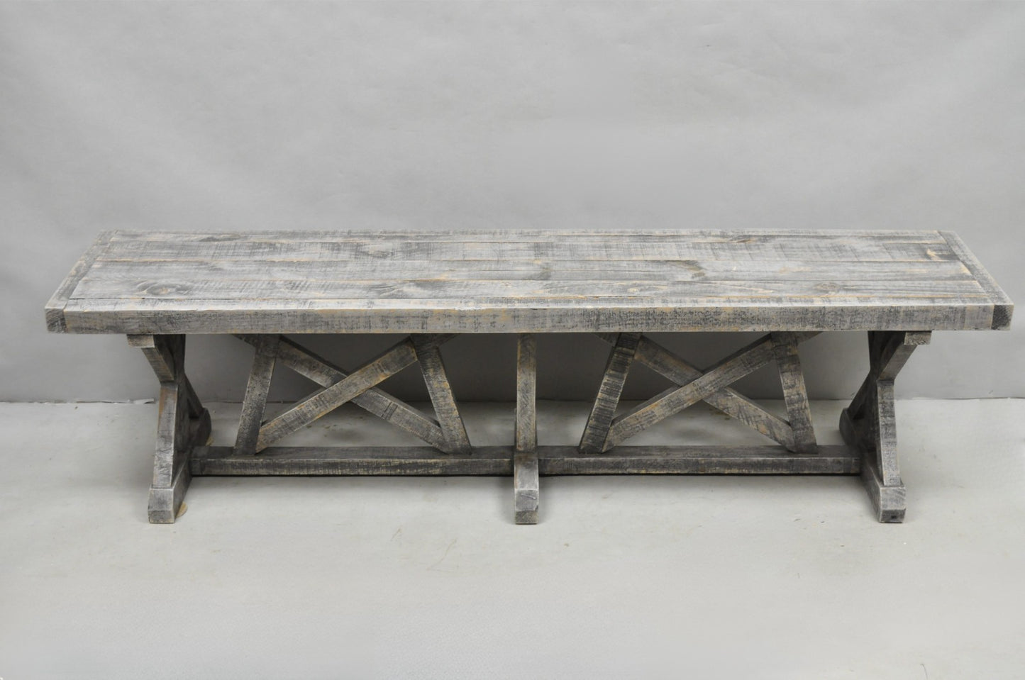 Primitive Rustic 72" Long Wooden Distressed Gray Wash Criss Cross Trestle Bench