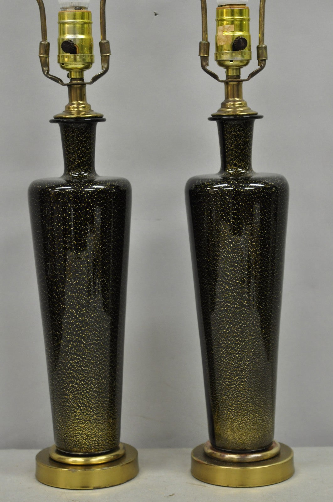 Vintage Mid Century Modern Black Glass w/ Gold Speckles Urn Table Lamps - a Pair