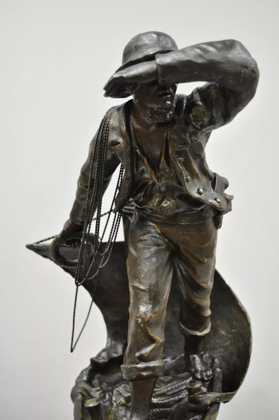 Antique French Spelter Metal Sailor Watchman on Ship Wooden Base, Made in France
