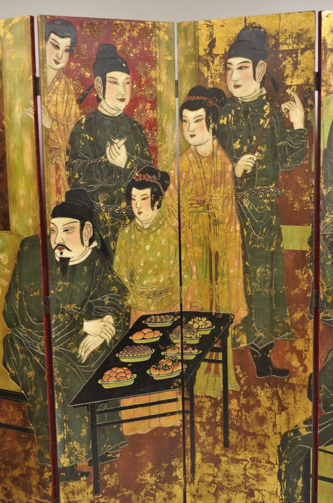 Large Chinoiserie Chinese 6 Panel Figural Red Folding Screen Room Divider