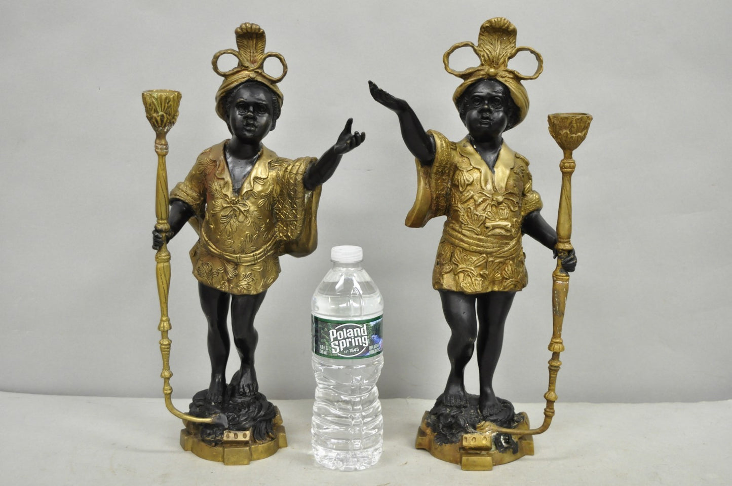 Vintage Moorish Venetian Blackamoor Figural Bronze Candelabra Candle Holder Pair