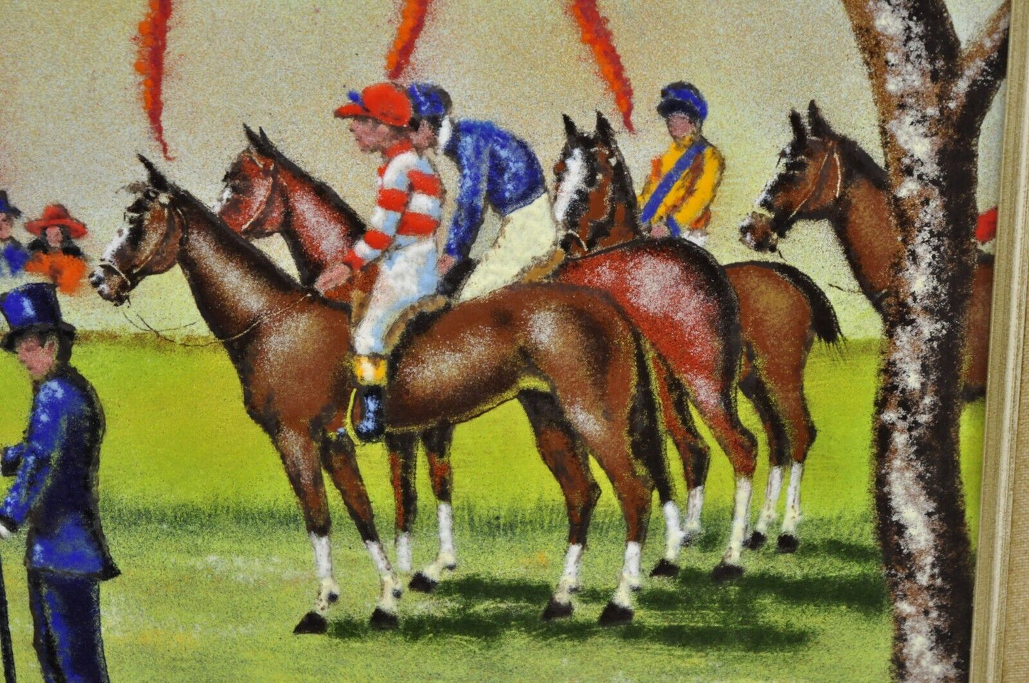 Dom Dominic Mingolla Enamel on Copper Framed Painting Horse Jockey Race Derby