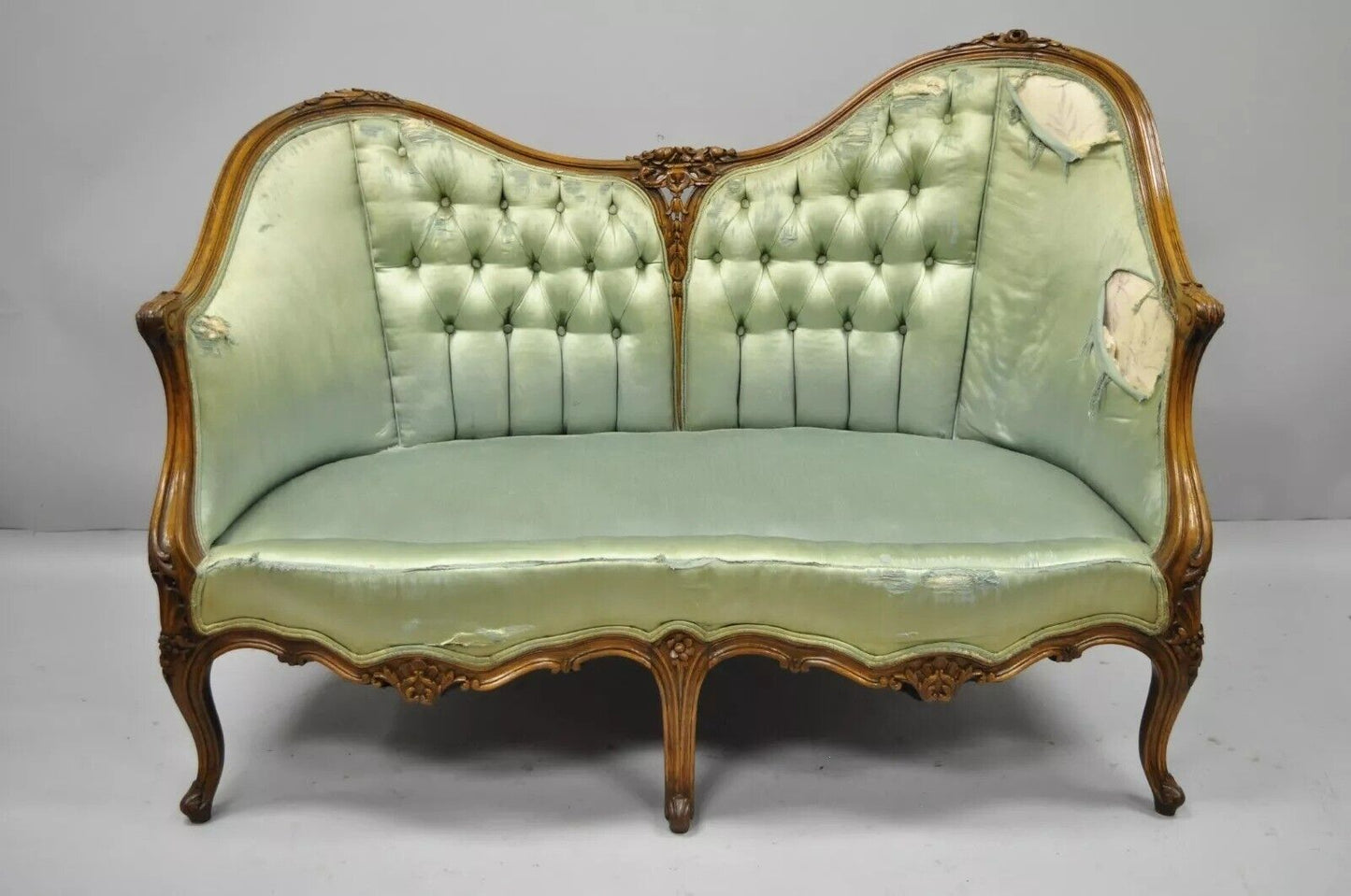 Antique French Louis XV Style Carved Walnut Double Hump Back Settee Loveseat