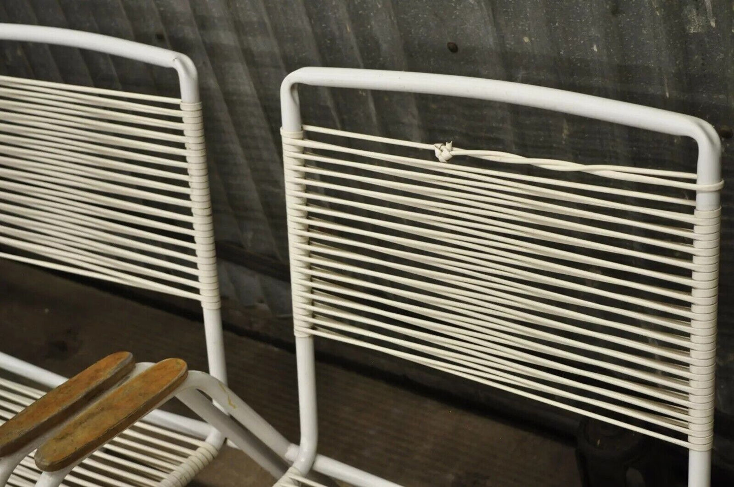 Vintage Mid Century Modern Aluminum Vinyl Rope Cord Pool Arm Chairs - Set of 4