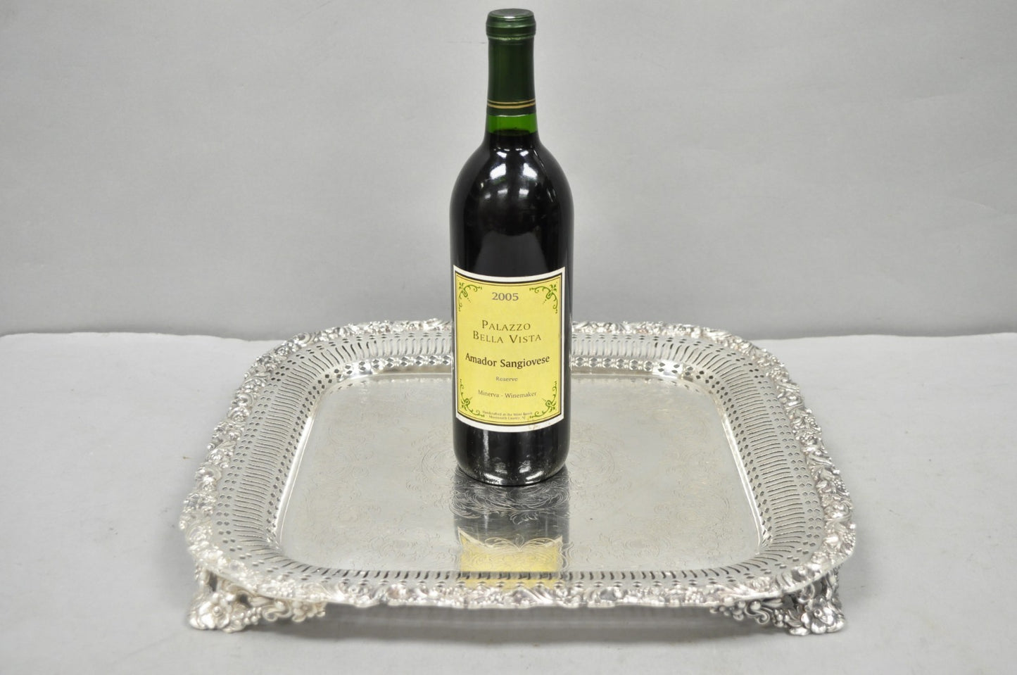 Vintage International Silver Victorian Repousse Pierced Gallery Square Bar Tray