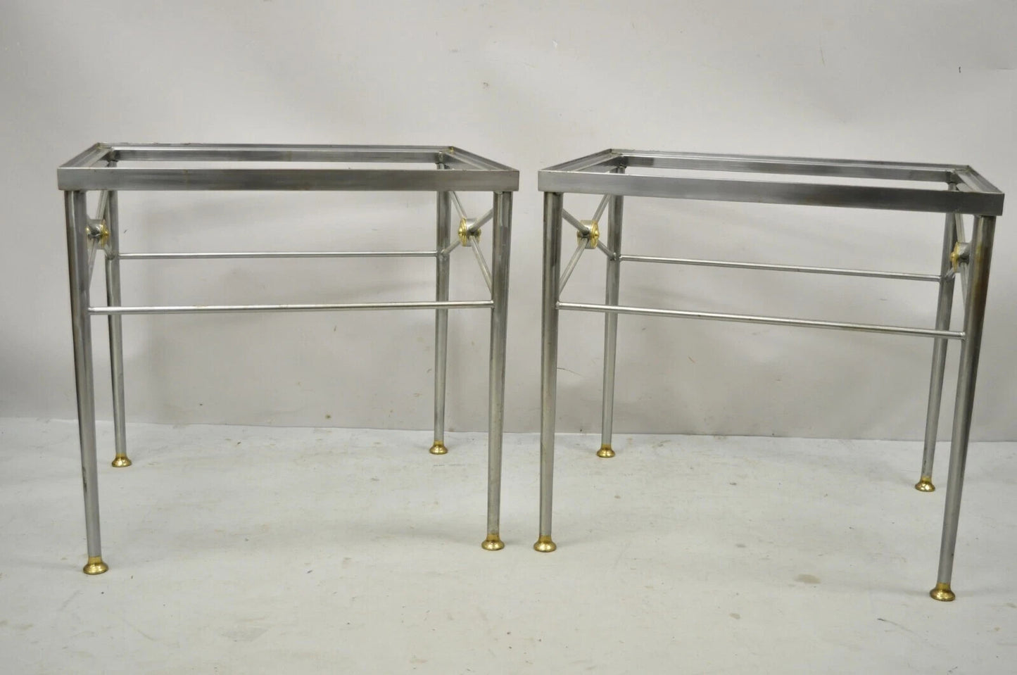 Italian Directoire Maison Jansen Style Brushed Steel & Brass End Tables - a Pair