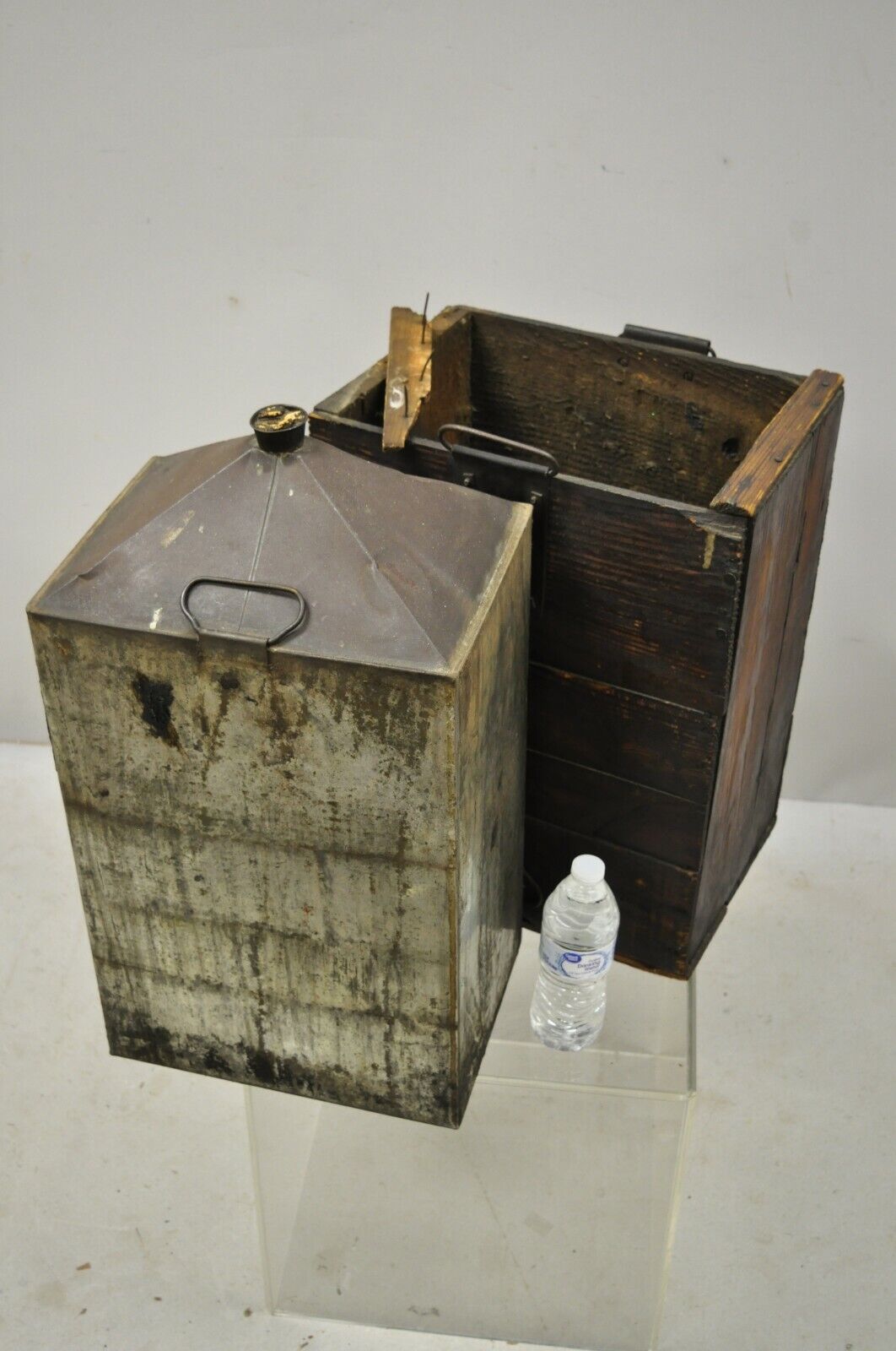 Antique Export Tin Metal Transport 5 Gallon Canister Container with Wood Case