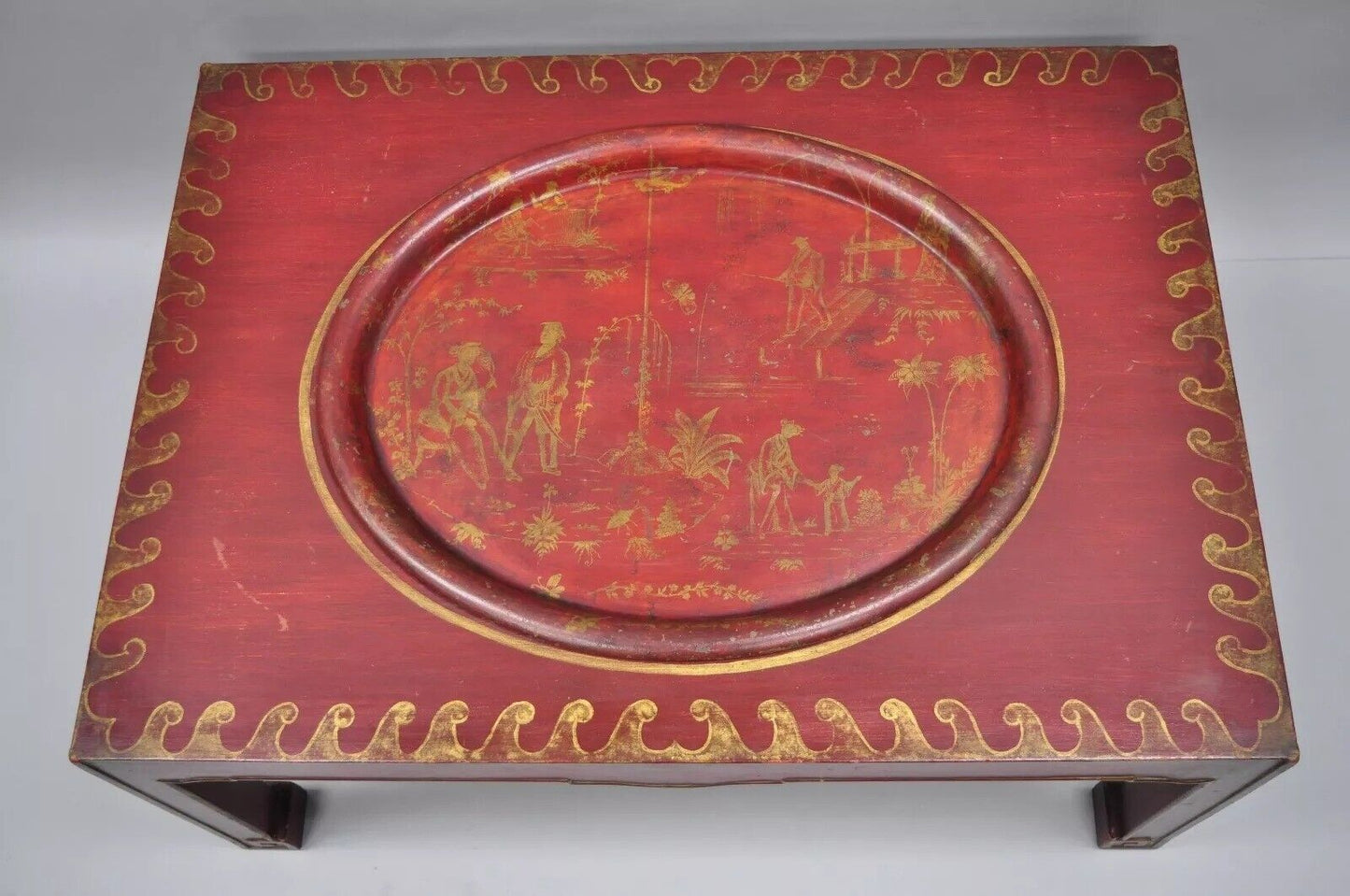 Vintage Chinoiserie Red Oriental Coffee Table with Tole Metal Serving Tray Top