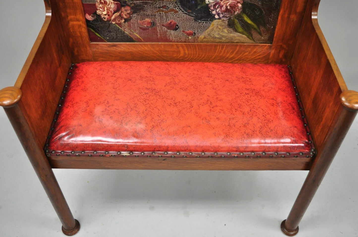 Antique Arts & Crafts Mission Oak Hand Painted Hall Bench Coat Rack w/ Mirror