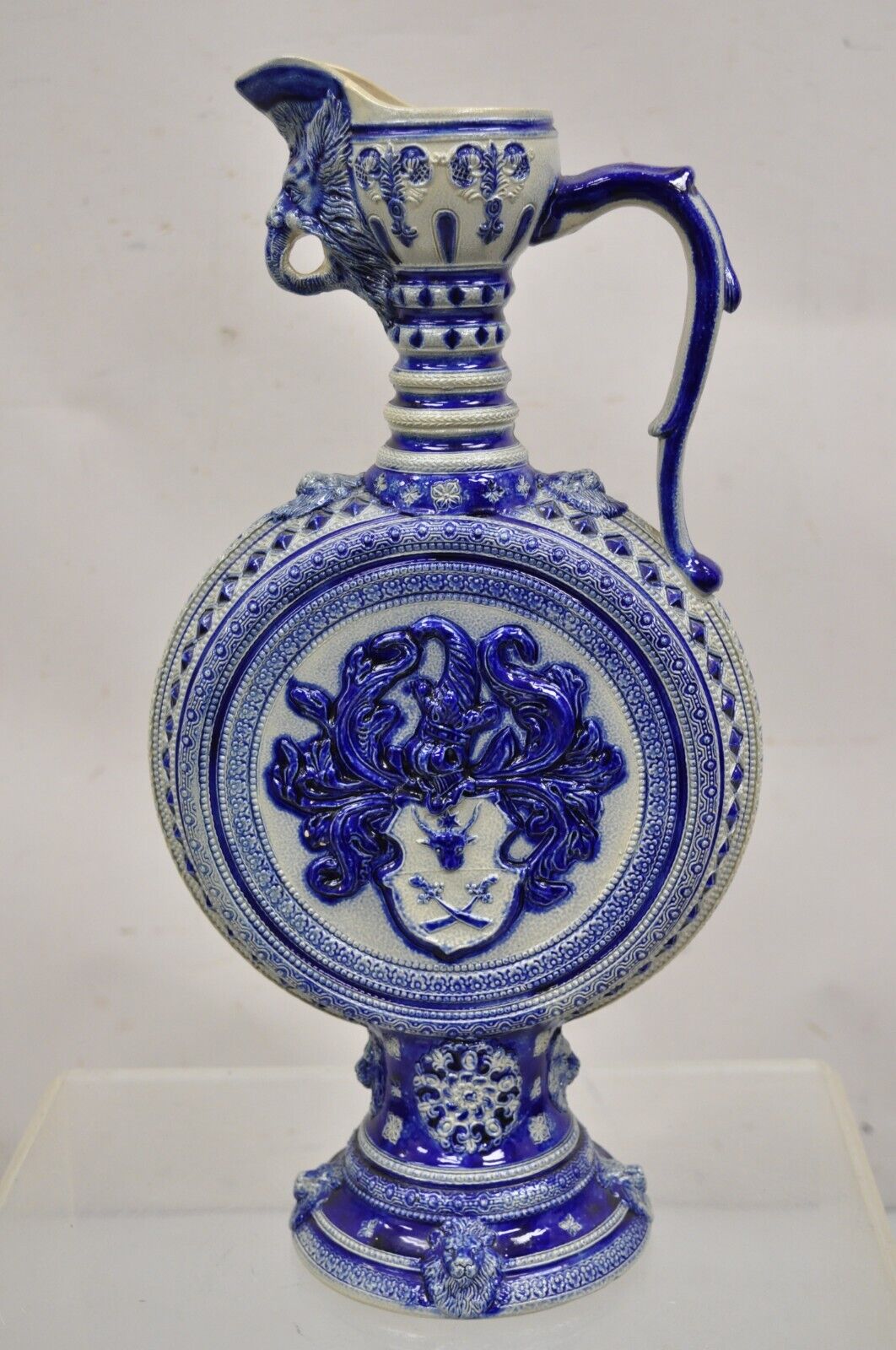 Antique Westerwald German Cobalt Blue Figural Stoneware Pottery Jug Pitcher