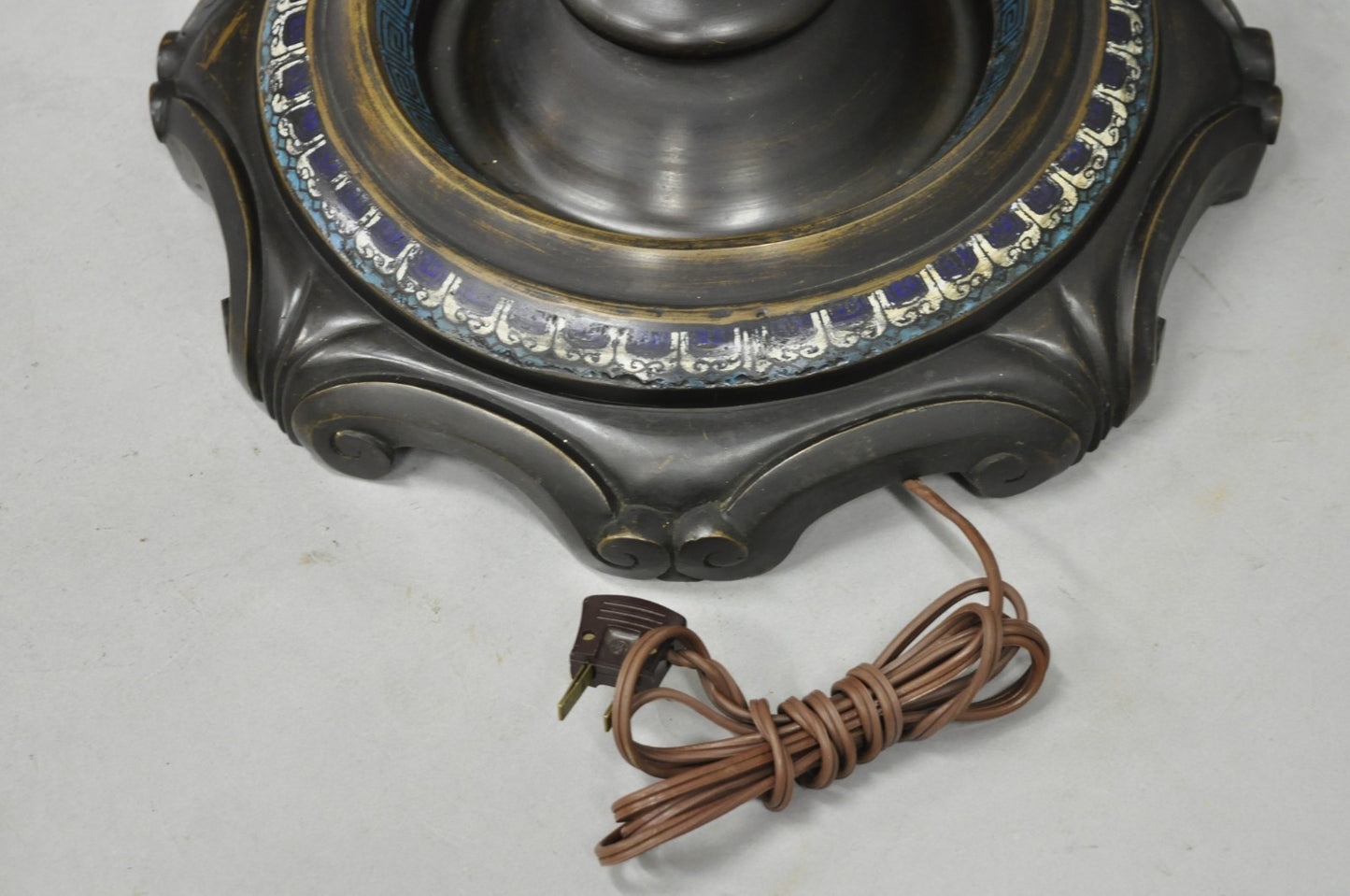 Antique Cloisonne Chinese Patinated Bronze Porcelain Enamel Pole Floor Lamp