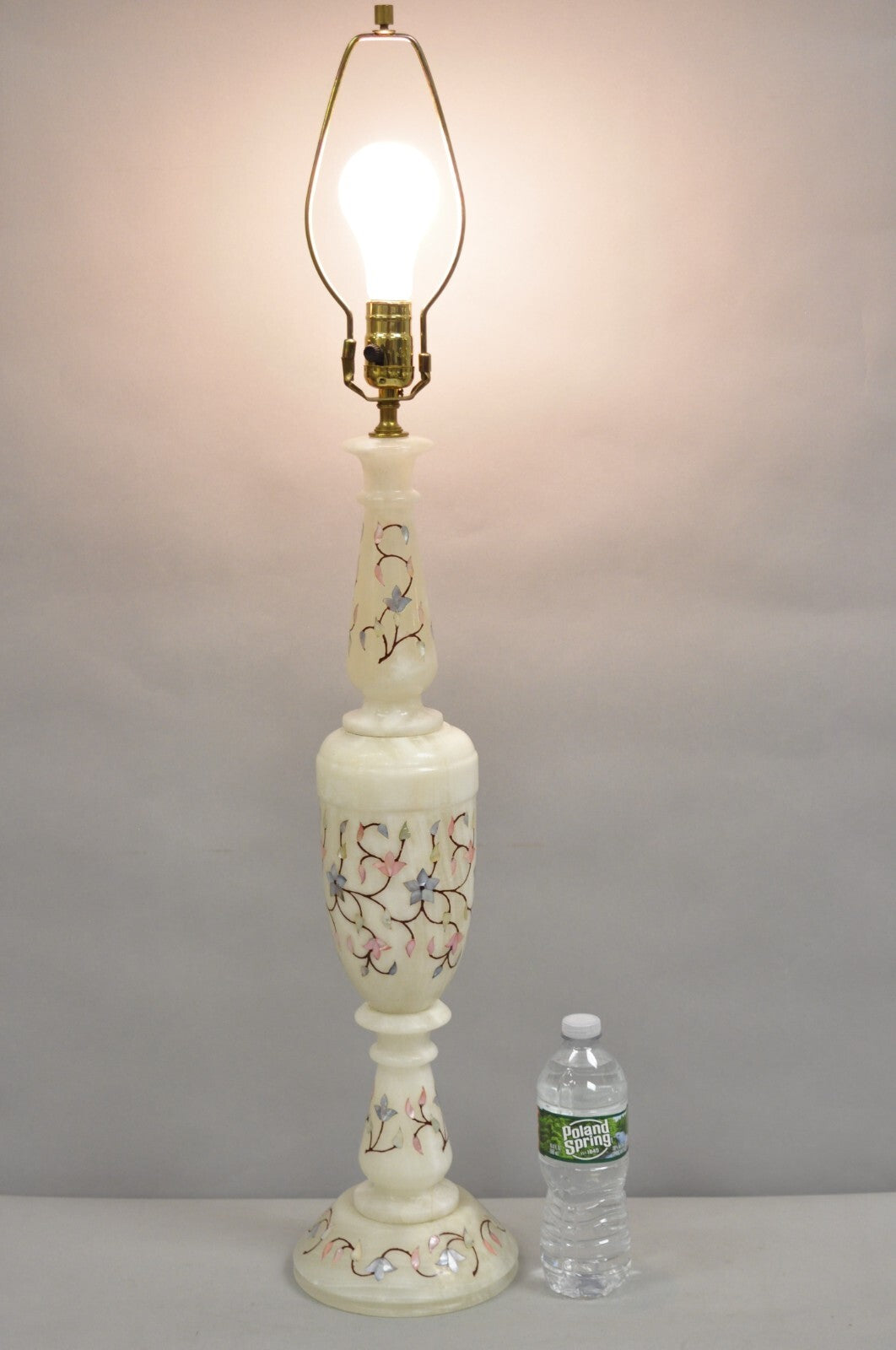 Vintage Italian Hollywood Regency Alabaster Table Lamp w/ Stone Floral Inlay