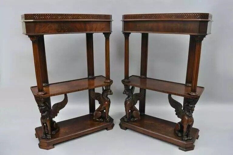 Regency Horner Style Carved Mahogany Griffin Bookcase Curio Stands - a Pair