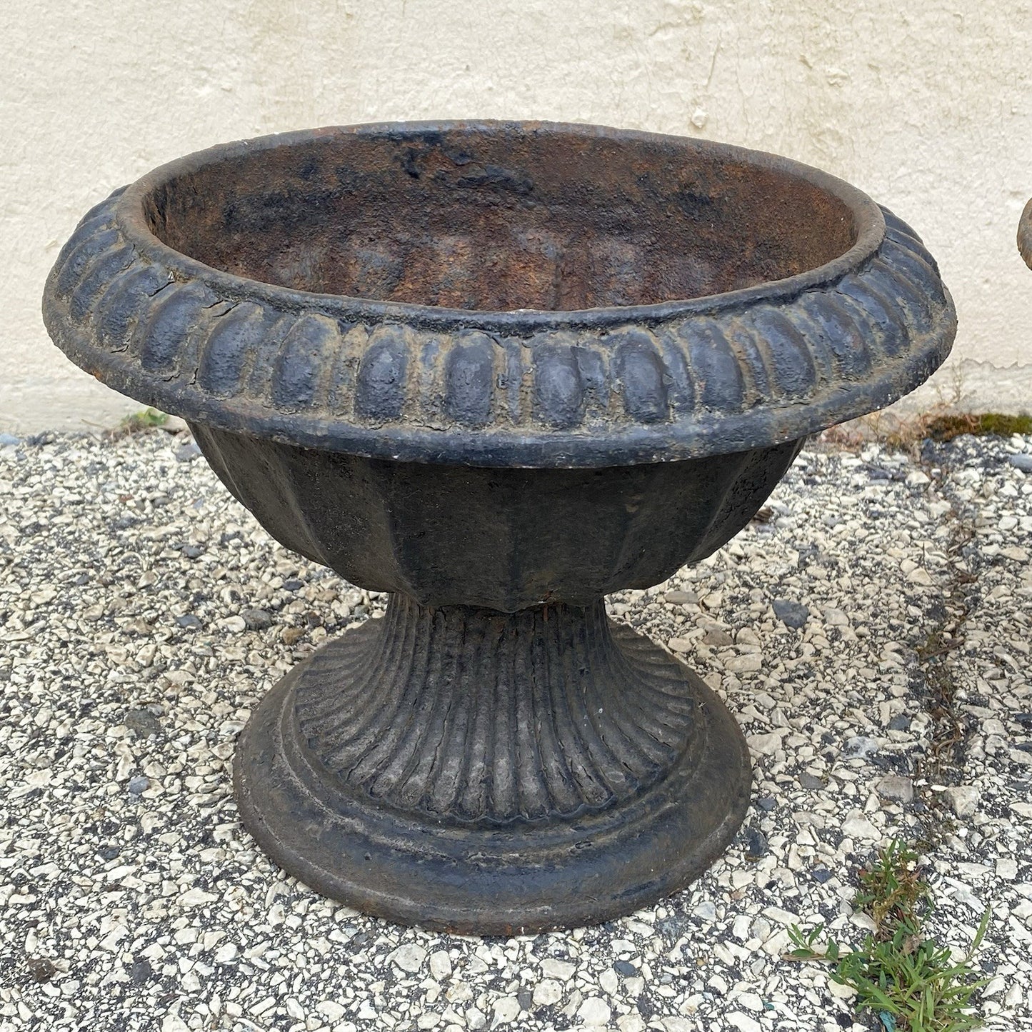 Antique French Empire Style Small 12" Cast Iron Urn Garden Planter Pots - Pair