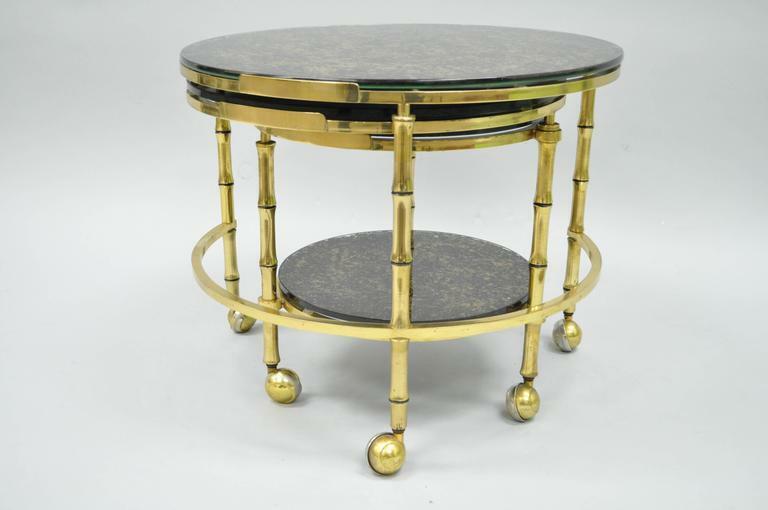Hollywood Regency Brass & Glass Faux Bamboo Round Nesting Side Coffee Table