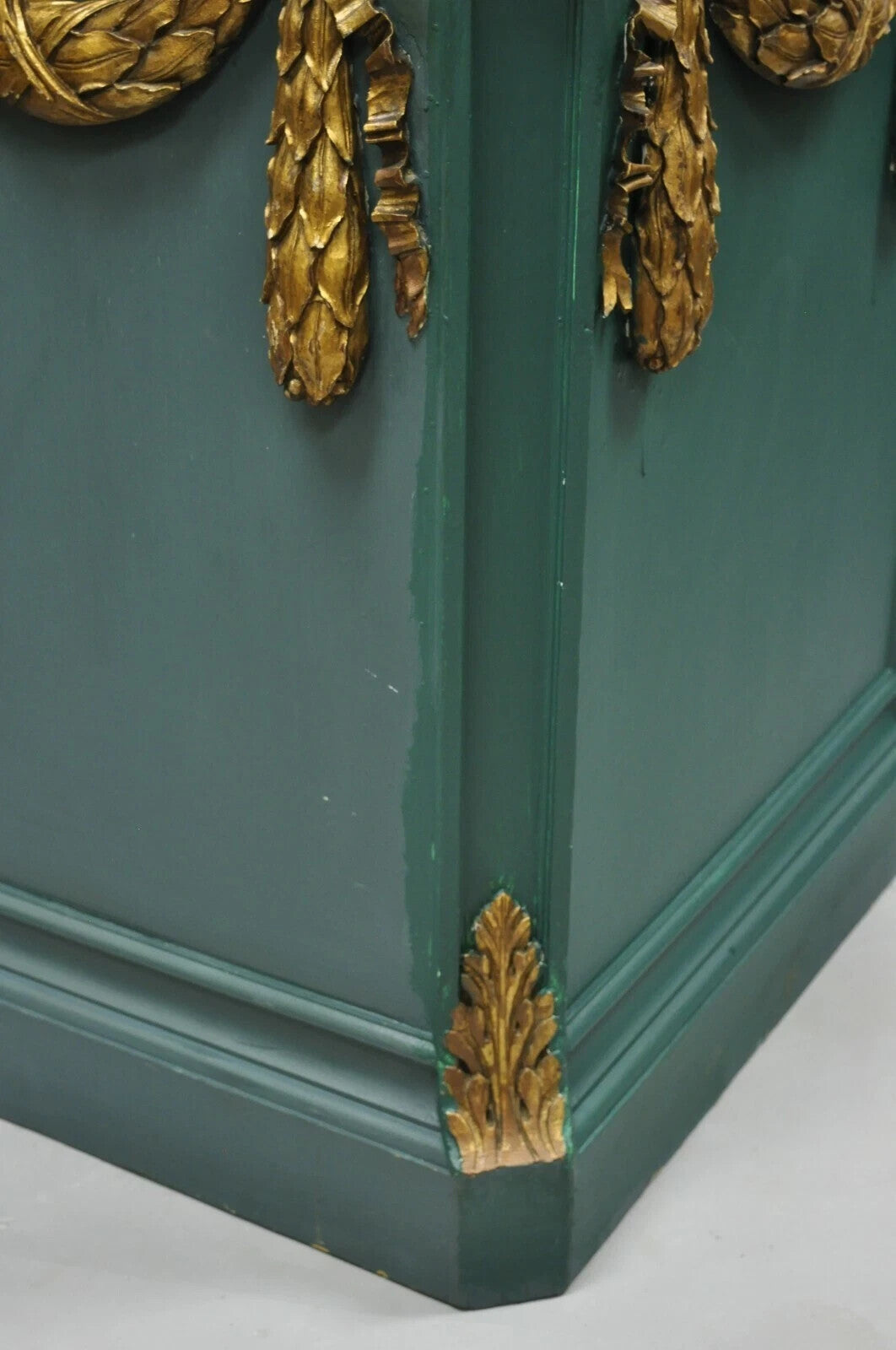 Vintage French Louis XVI Style Green Gold Carved Wood 39" Column Pedestal Stand