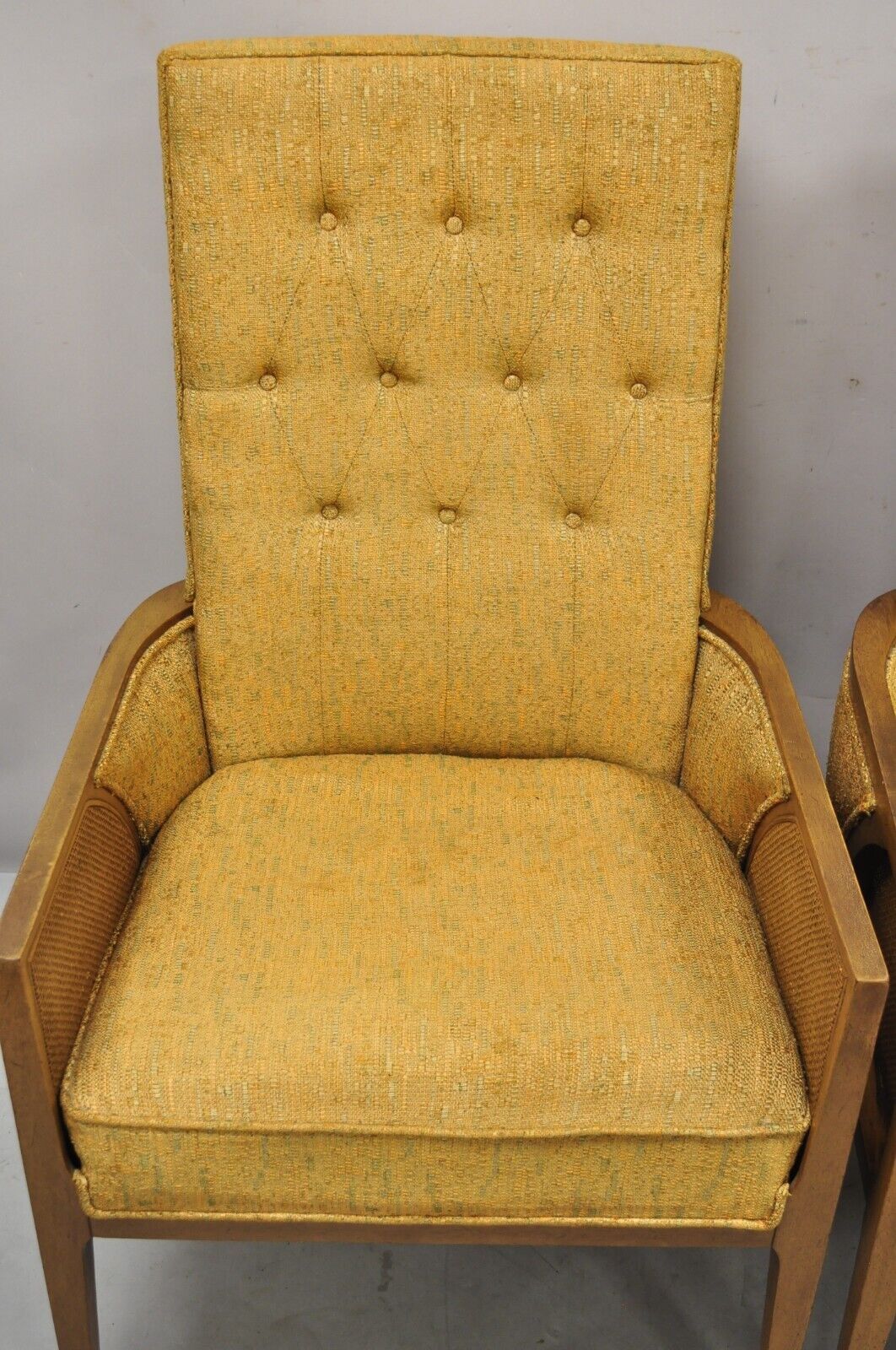Mid Century Hollywood Regency Sculpted Wood Cane Panel Lounge Chairs - a Pair