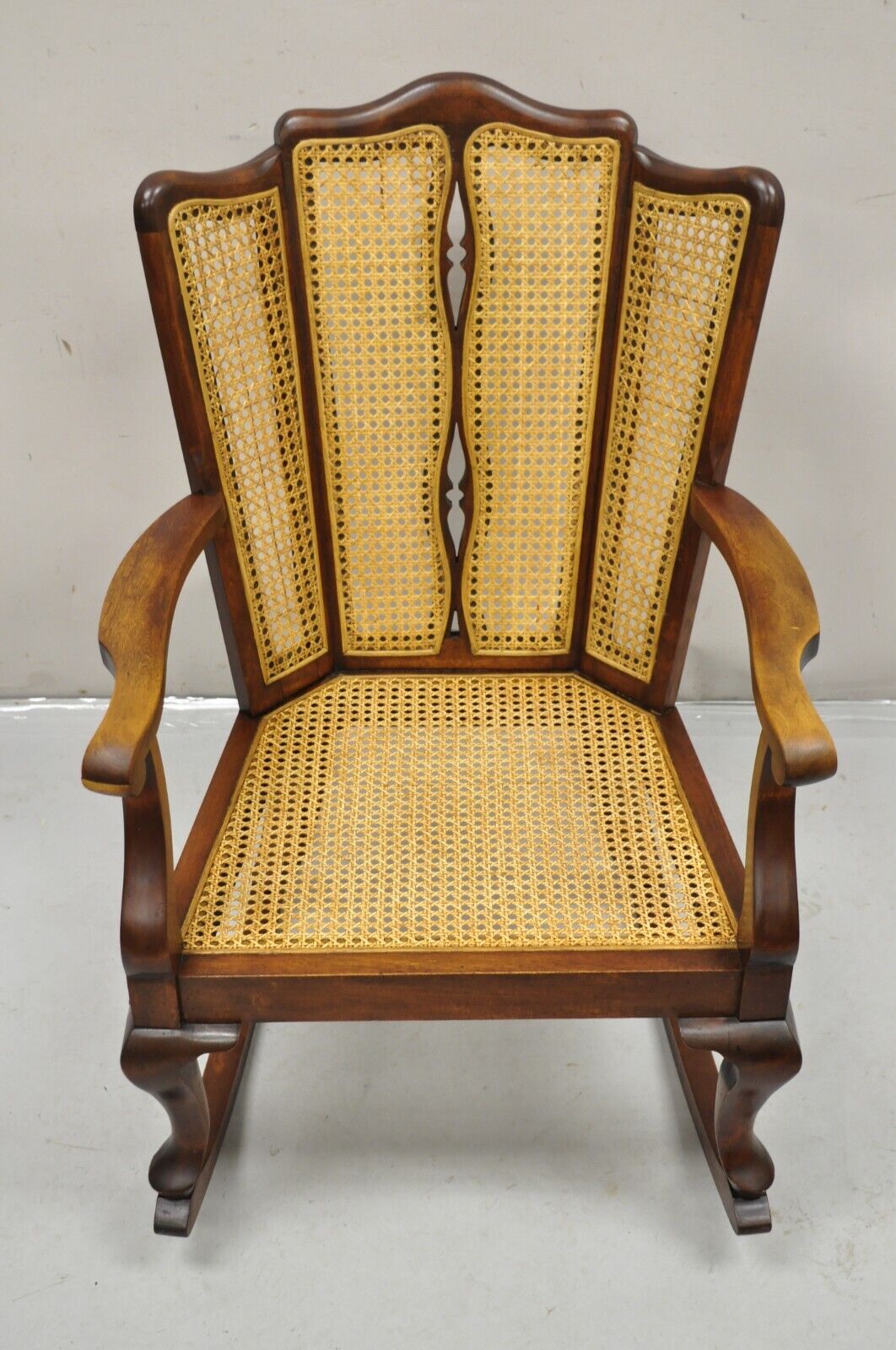 Antique Victorian Walnut and Cane Carved Rocker Rocking Chair Queen Anne Legs
