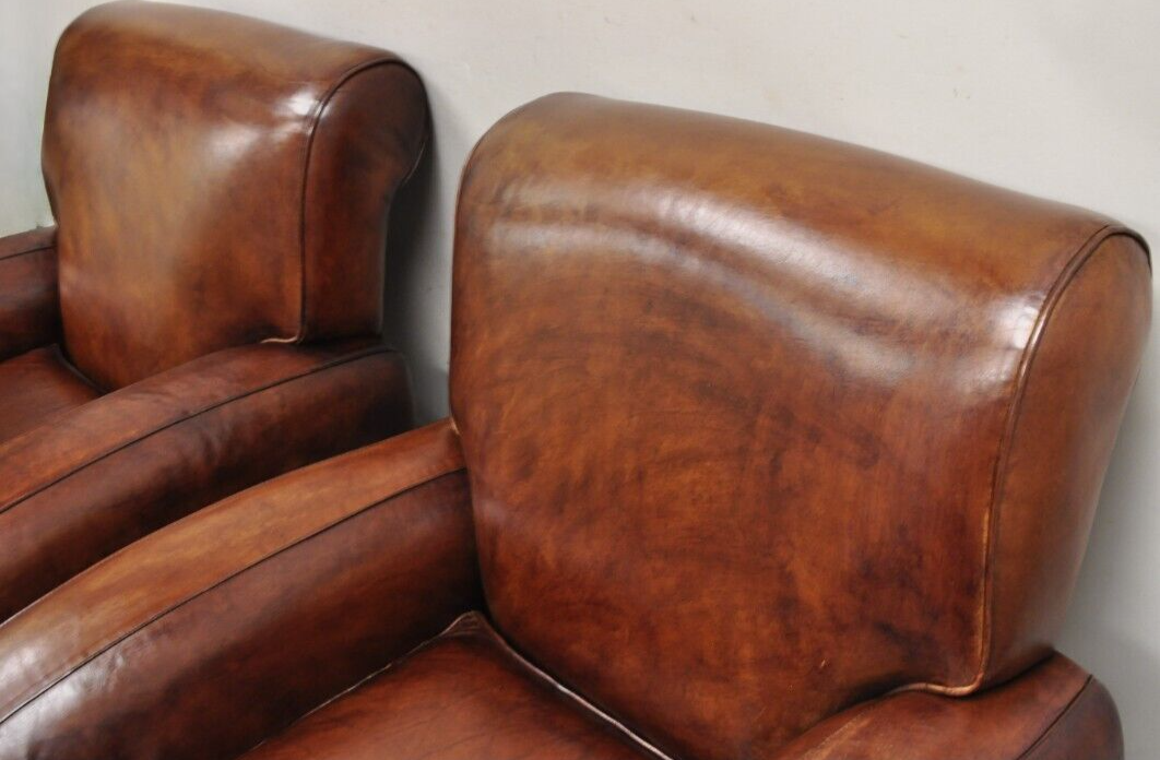 Pottery Barn Manhattan Brown Leather Recliner Art Deco Club Chairs - a Pair