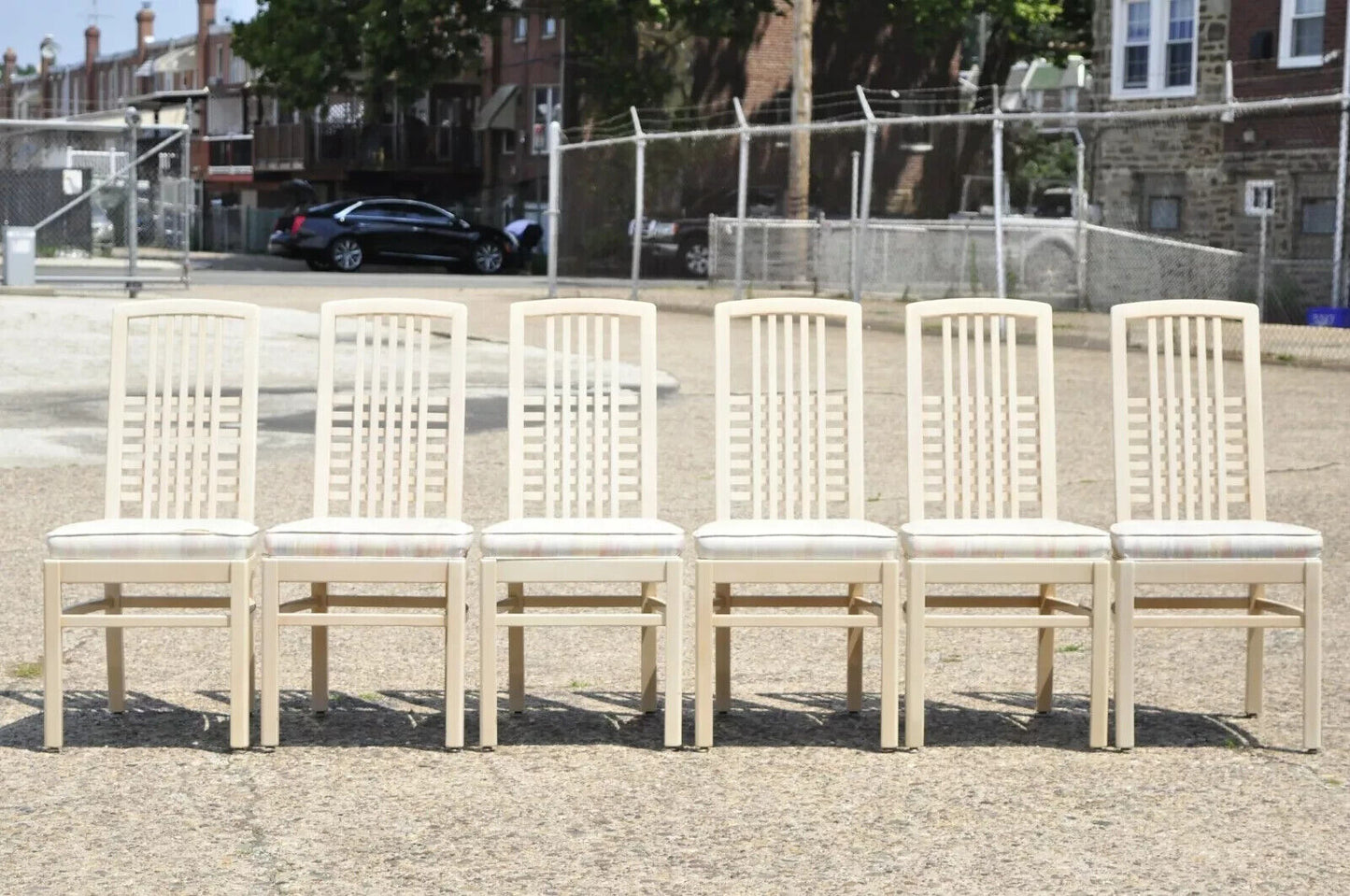 Vintage Postmodern Cream Lacquered Cross Slat Back Dining Side Chairs - Set of 6