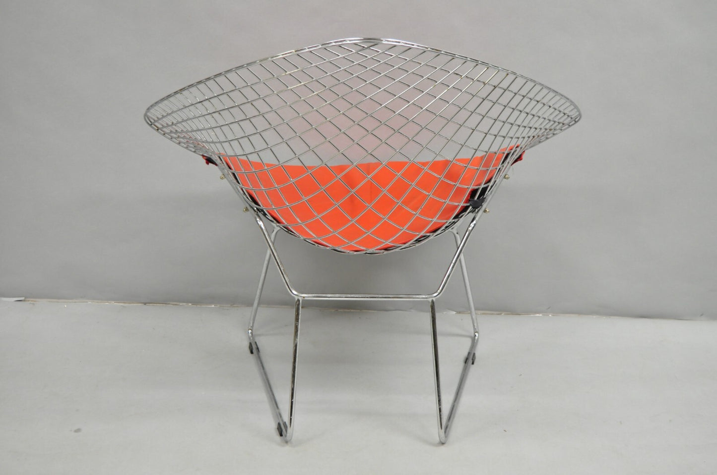 Knoll Style Bertoia Chrome Wire Metal Diamond Lounge Chair With Red Cushion