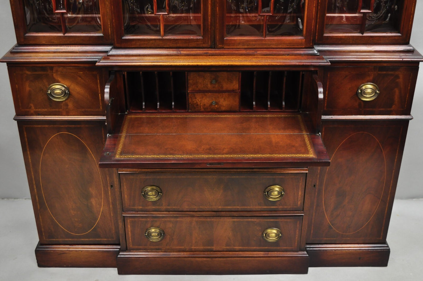 Antique Georgian Mahogany Bubble Glass Breakfront Cabinet Bookcase by Vanleigh