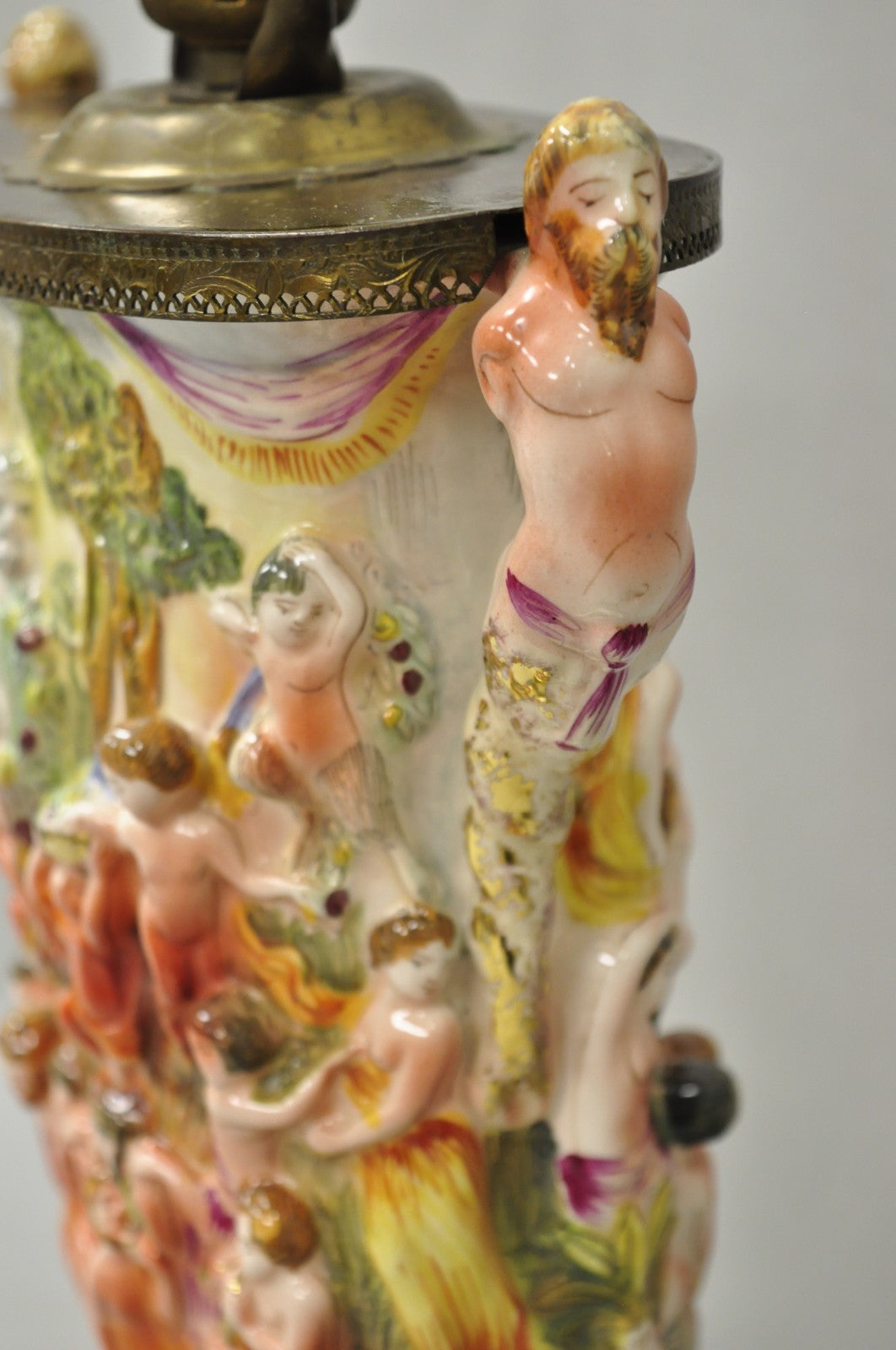 Vintage Italian Capodimonte Porcelain Figural Bacchanal Cherub Mermen Table Lamp