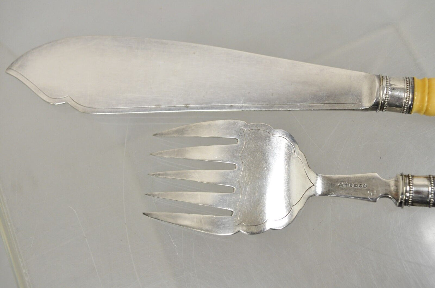 Antique English Victorian Floral Engraved Fish Knife & Fork Set Celluloid Handle