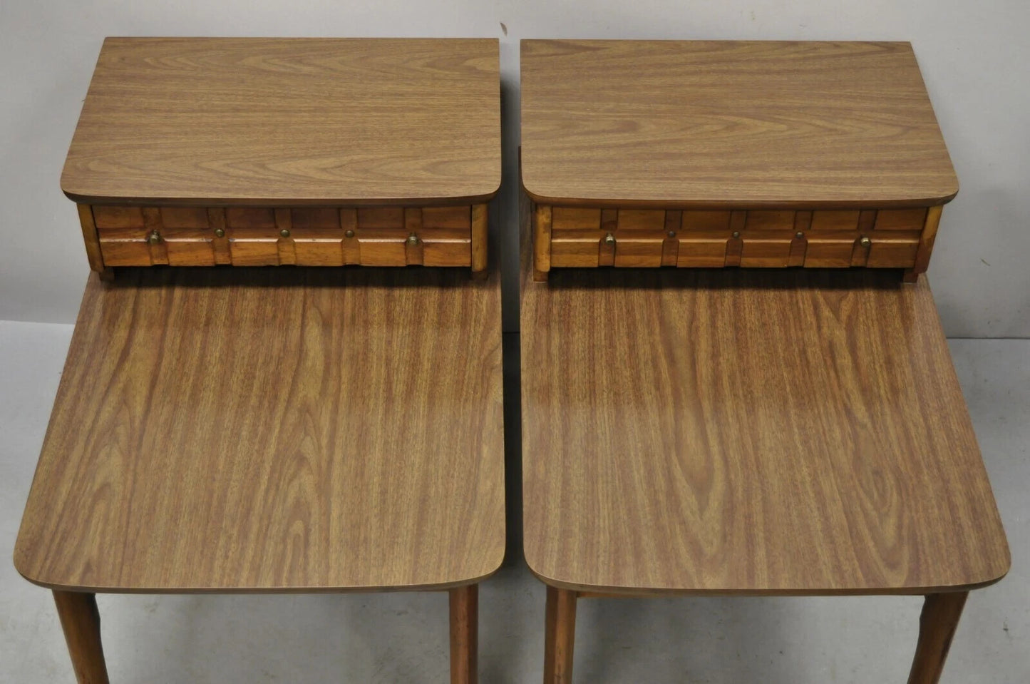 Mersman Mid Century Modern Walnut and Laminate Step Up Side End Tables - a Pair