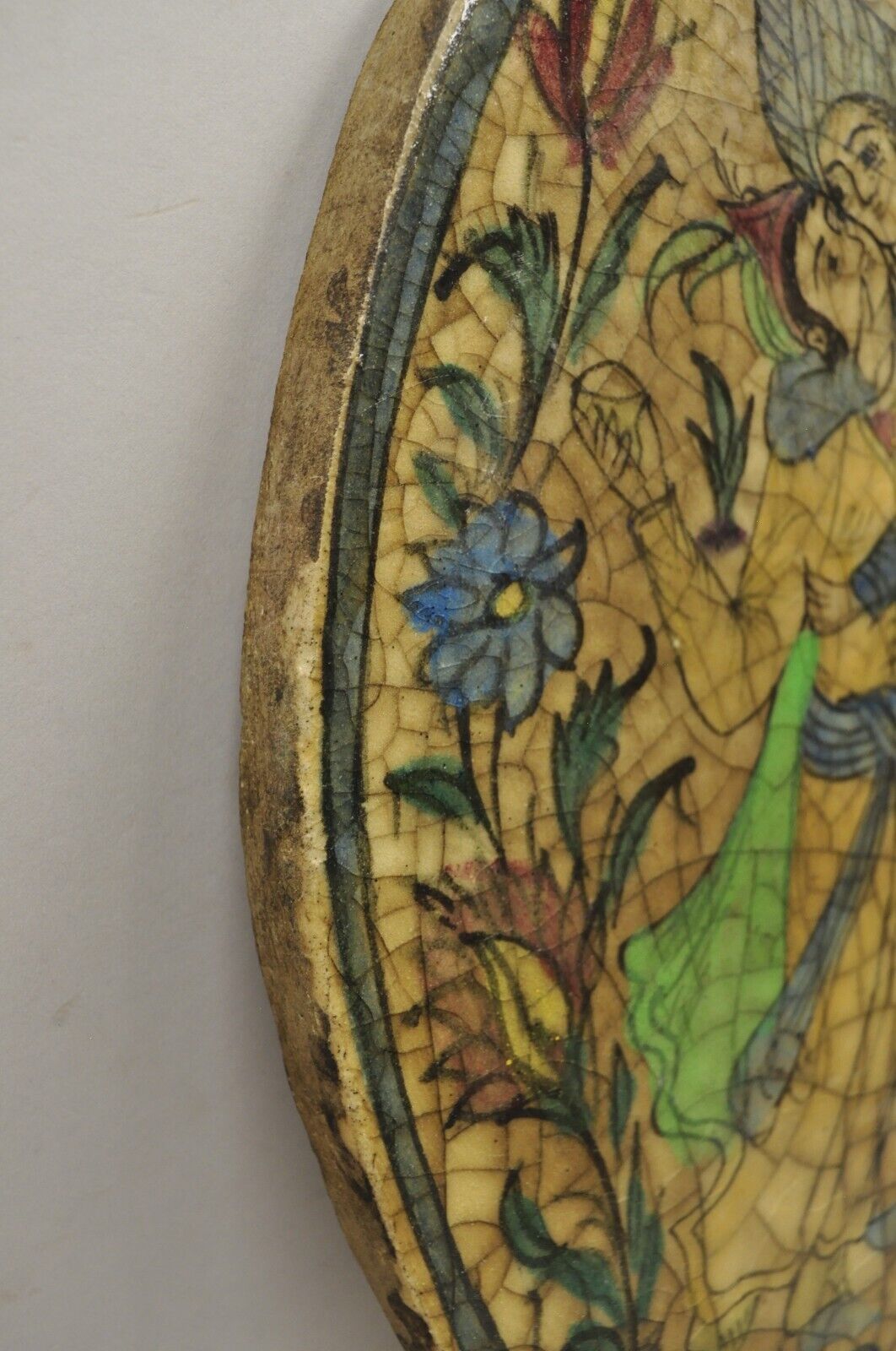 Antique Persian Iznik Qajar Style Oval Ceramic Pottery Tile Loving Embrace C2