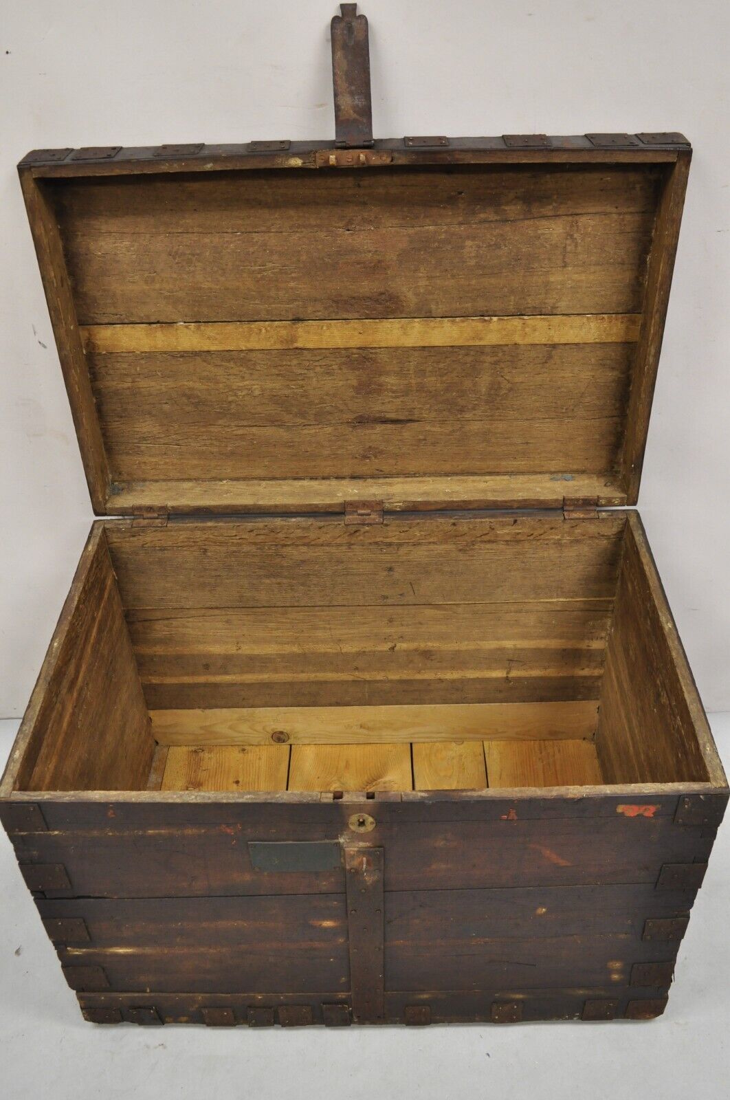 19th C. English Oak Wood and Steel Banded Safe Storage Cabinet Chest Trunk