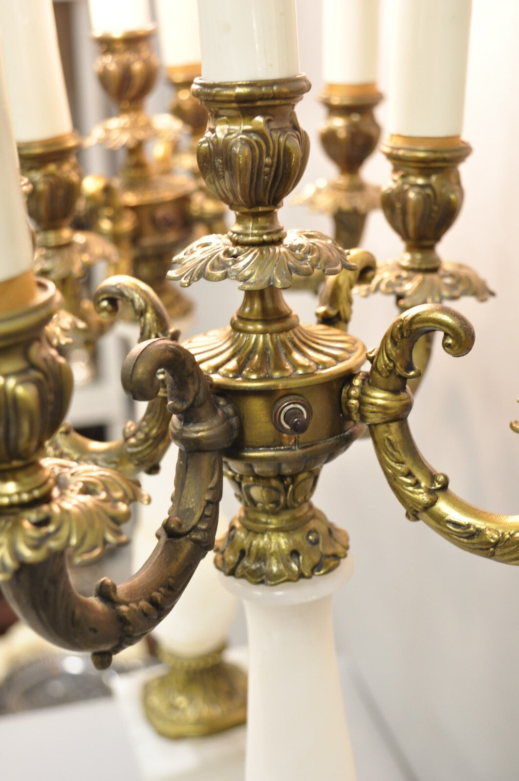Vintage French Empire Alabaster Column Brass Metal Candelabra Table Lamps - Pair
