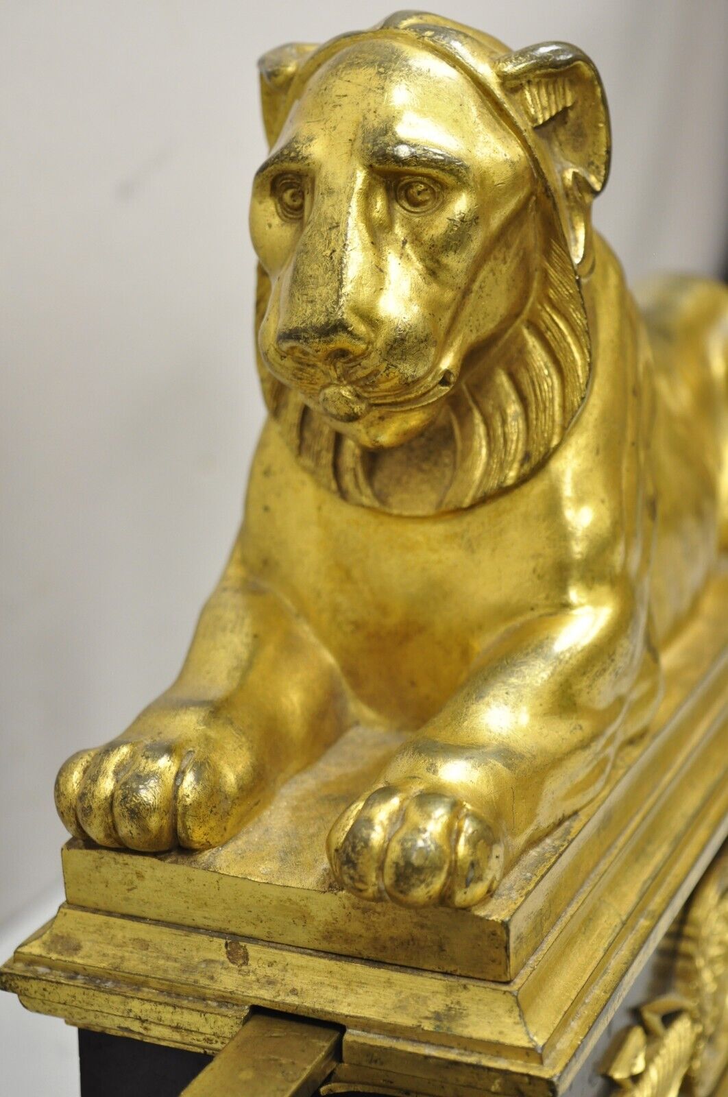 French Empire Neoclassical Bronze Lion Andirons Chenets with Fender - 3 pc set