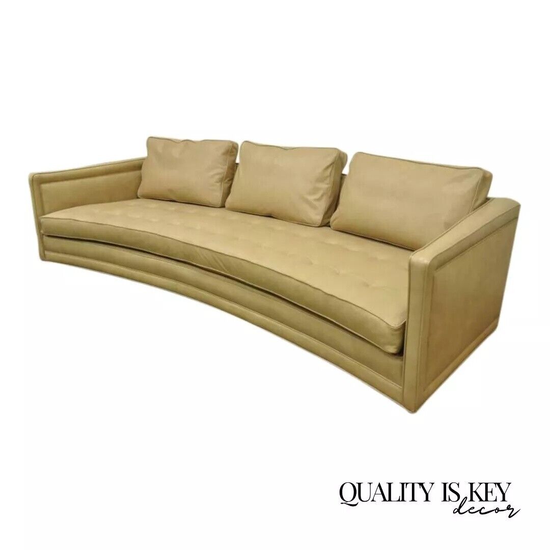 Harvey Probber Long Curved Button Tufted Beige Leather Mid Century Modern Sofa