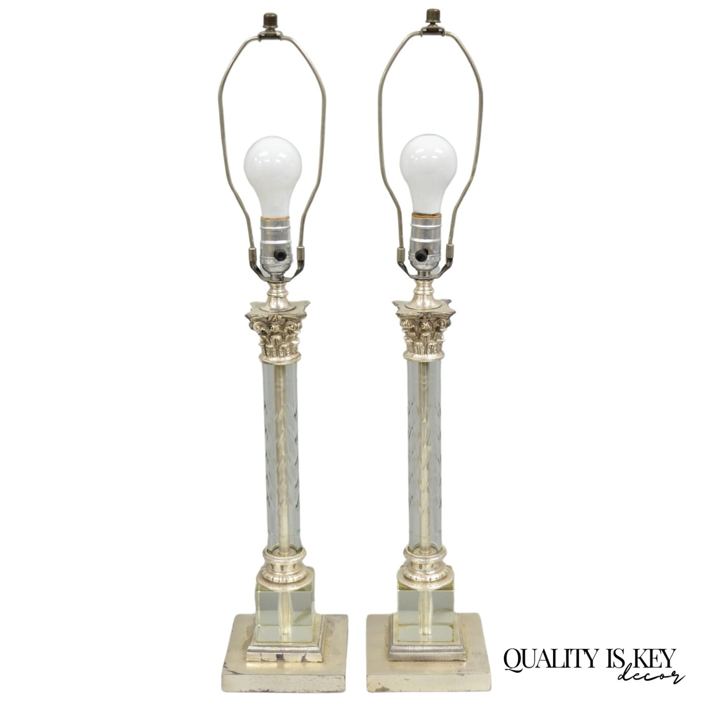 Antique French Empire Nickel Silver Glass Corinthian Column Table Lamps - a Pair