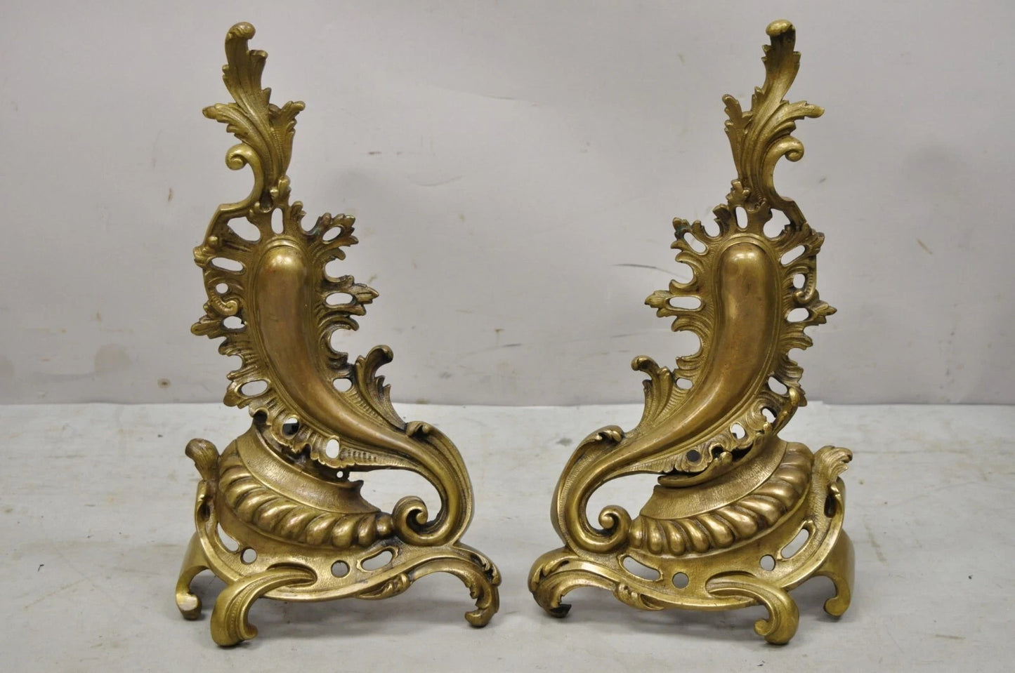 Vintage French Rococo Bronze Acanthus Leafy Scroll Fireplace Andirons - a Pair