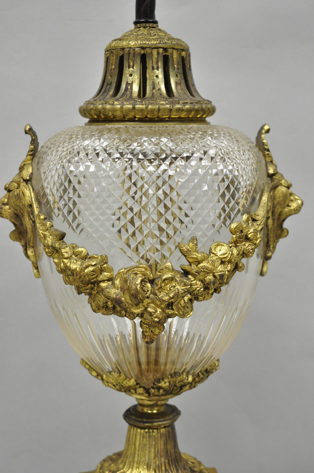 Antique French Neoclassical Bronze Lion Ormolu Diamond Cut Glass Urn Table Lamp