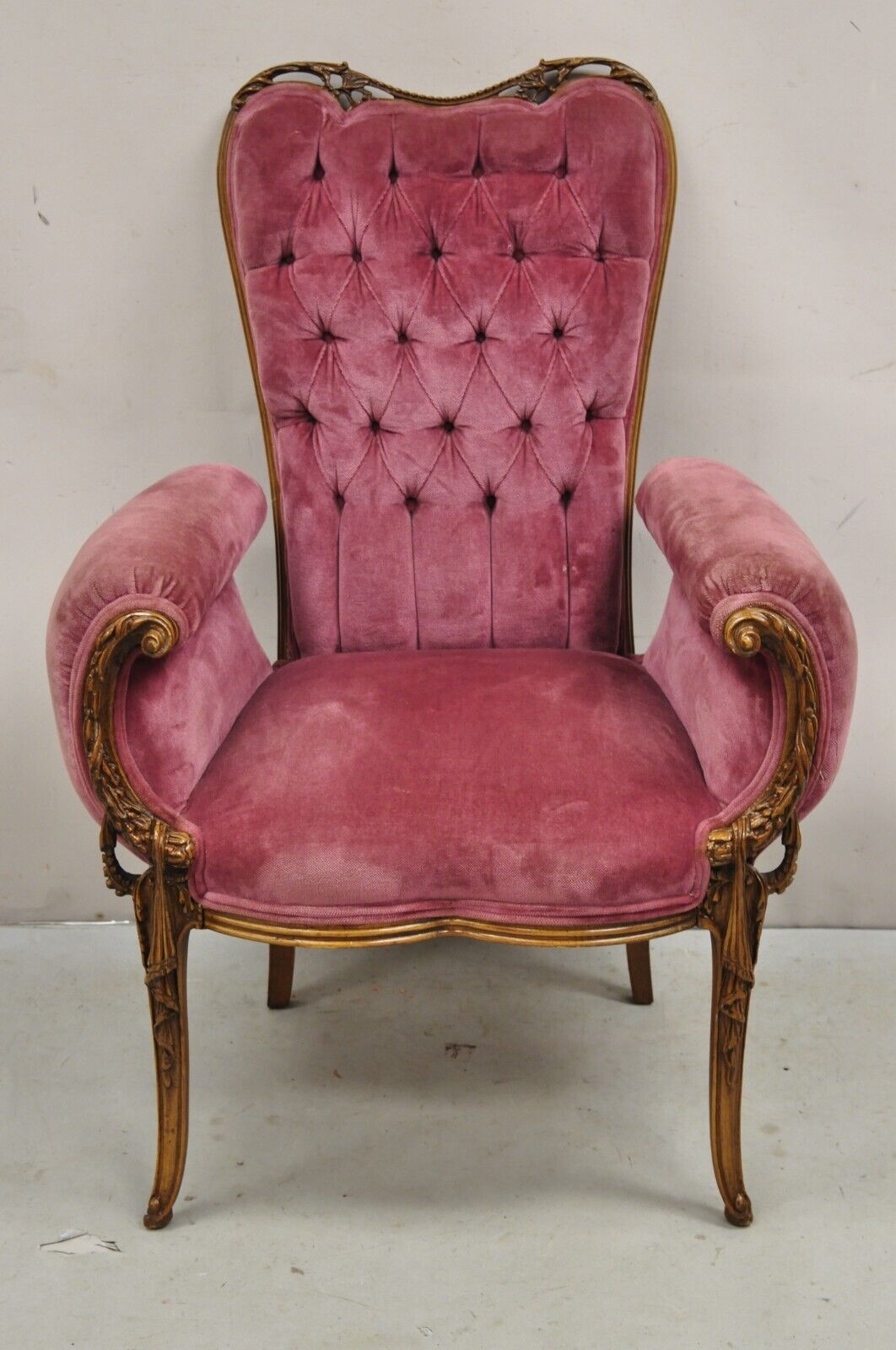 Antique Victorian Pink Tufted Carved Wood Parlor Arm Chair