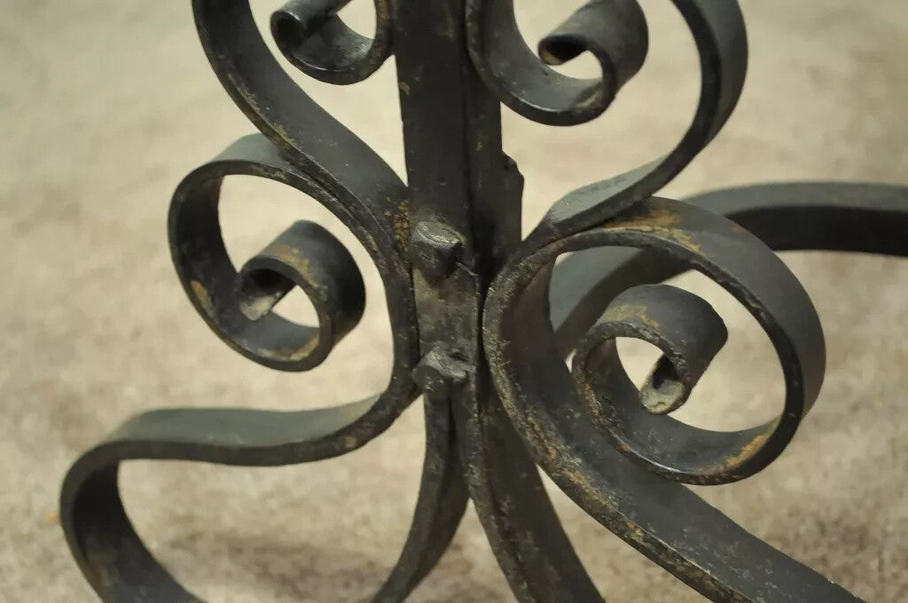 Antique Arts & Crafts Art Nouveau Black Wrought Iron Scrolling Andirons - a Pair