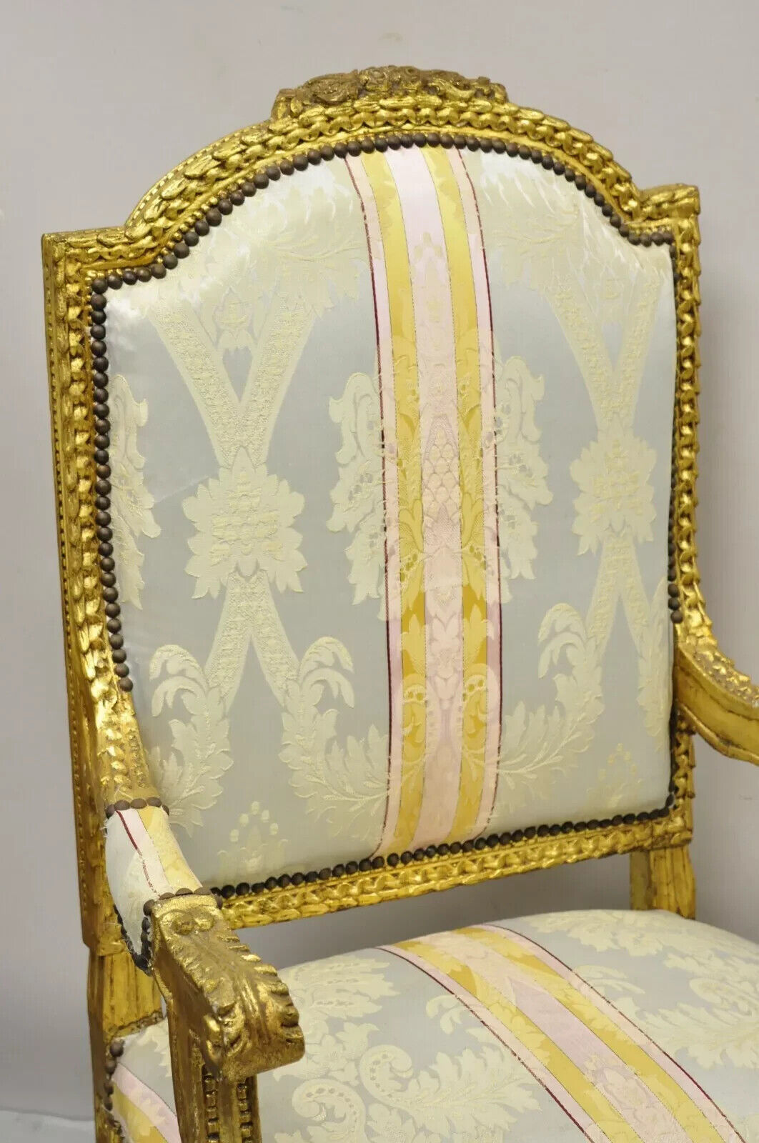 Vintage French Louis XVI Gold Giltwood Upholstered Lounge Chairs (B) - a Pair