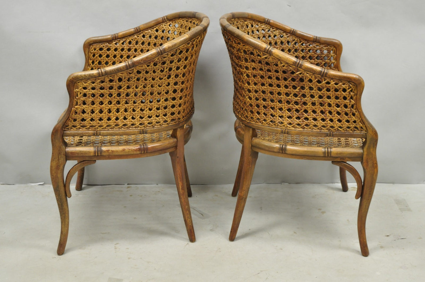 Vintage Hollywood Regency Faux Bamboo Wood & Cane Barrel Back Lounge Chair, Pair