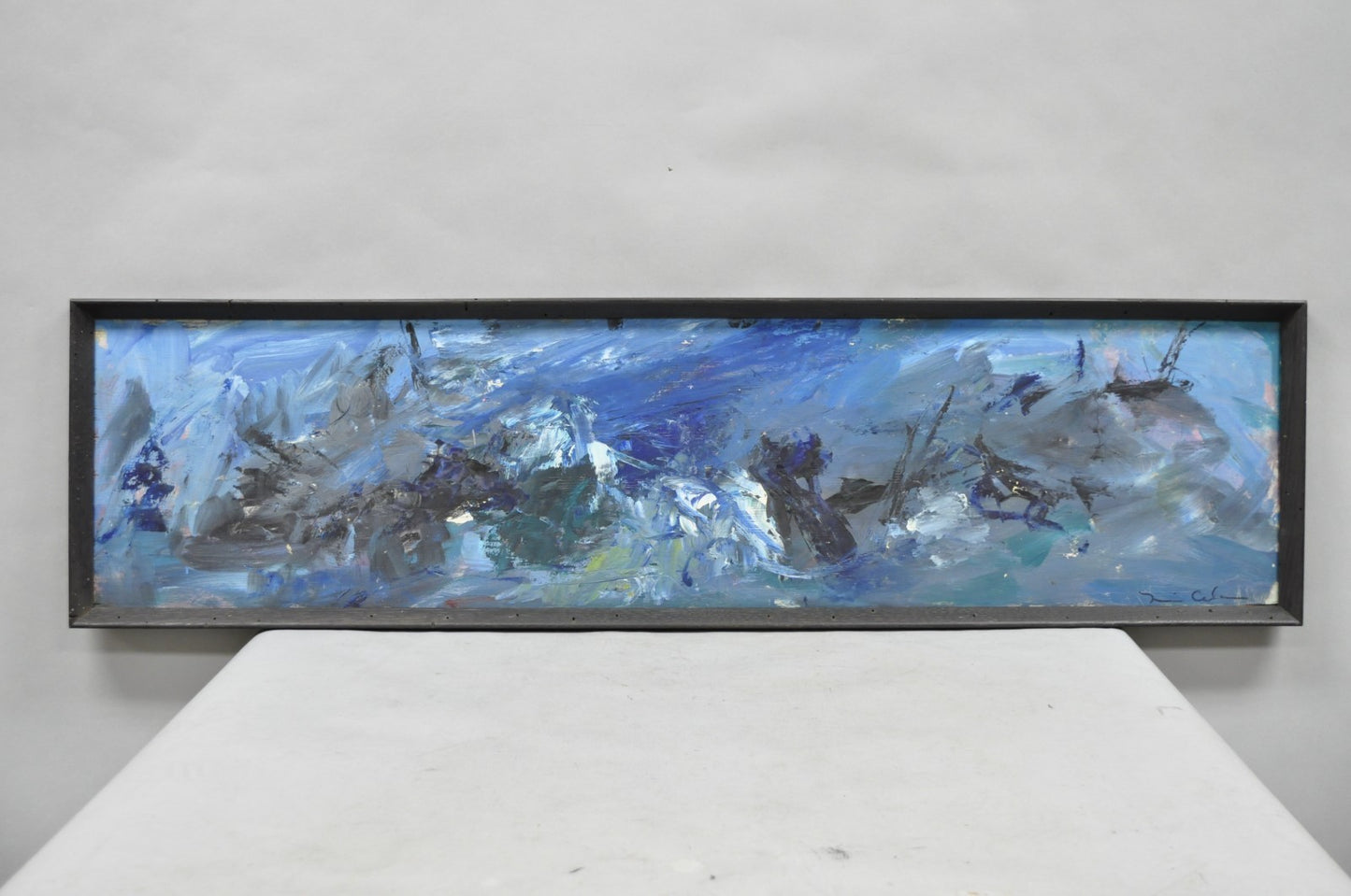 Vintage Mid Century Modern Blue Abstract Acrylic on Board Painting Artist Signed