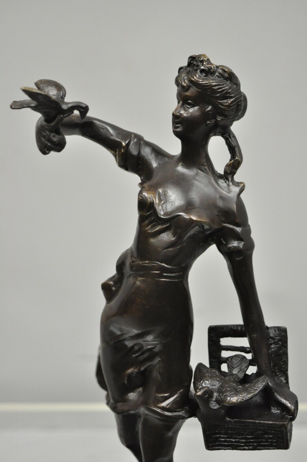 Bronze Sculpture Woman w/ Birds & Basket 15" Statue Figure After Emile Guillemin
