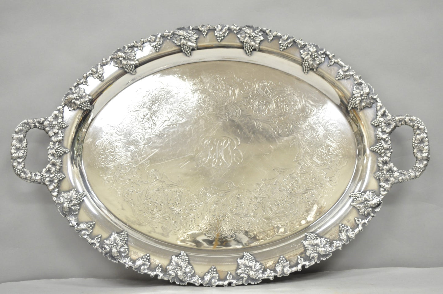 Antique English Victorian Silver Plated Grapevine Oval Bar Tray w/ Monogram