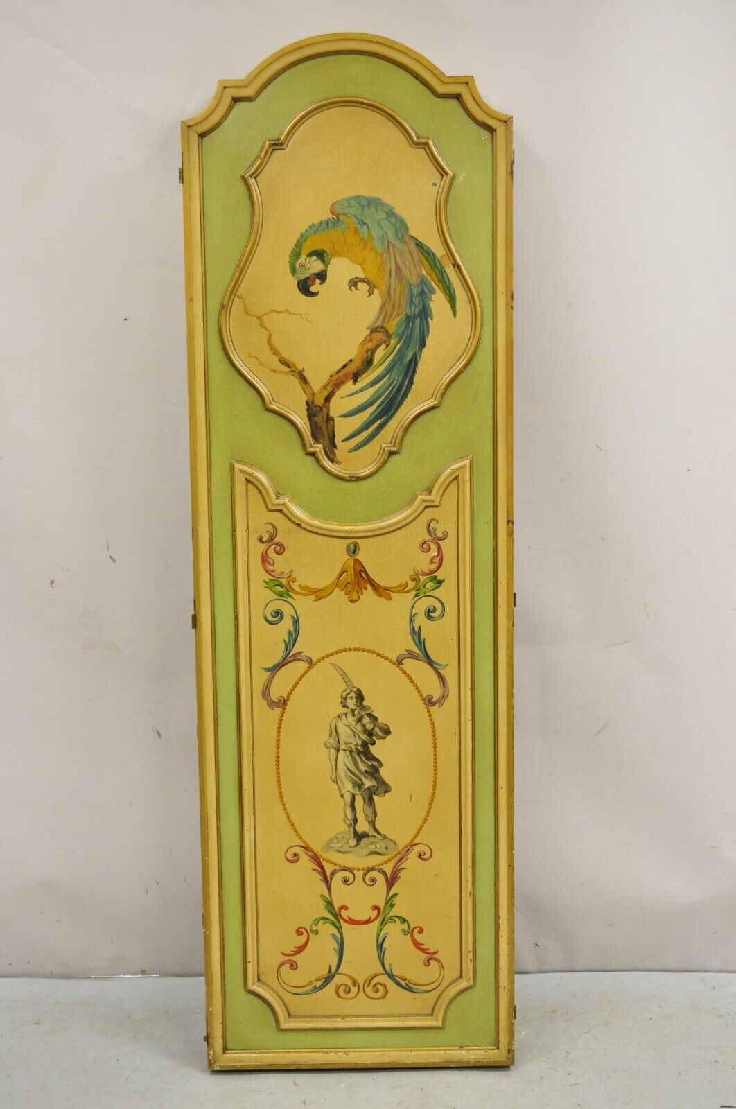 Antique French Louis XV Green Painted Parrot 3 Panel Venetian Room Screen (C)