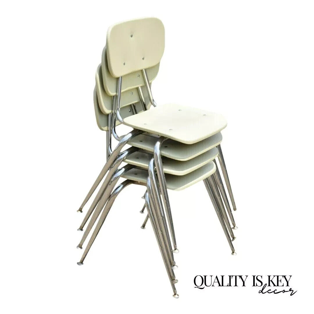 Vintage Molded Plastic Chrome Metal Base Stacking School Side Chairs - Set of 4