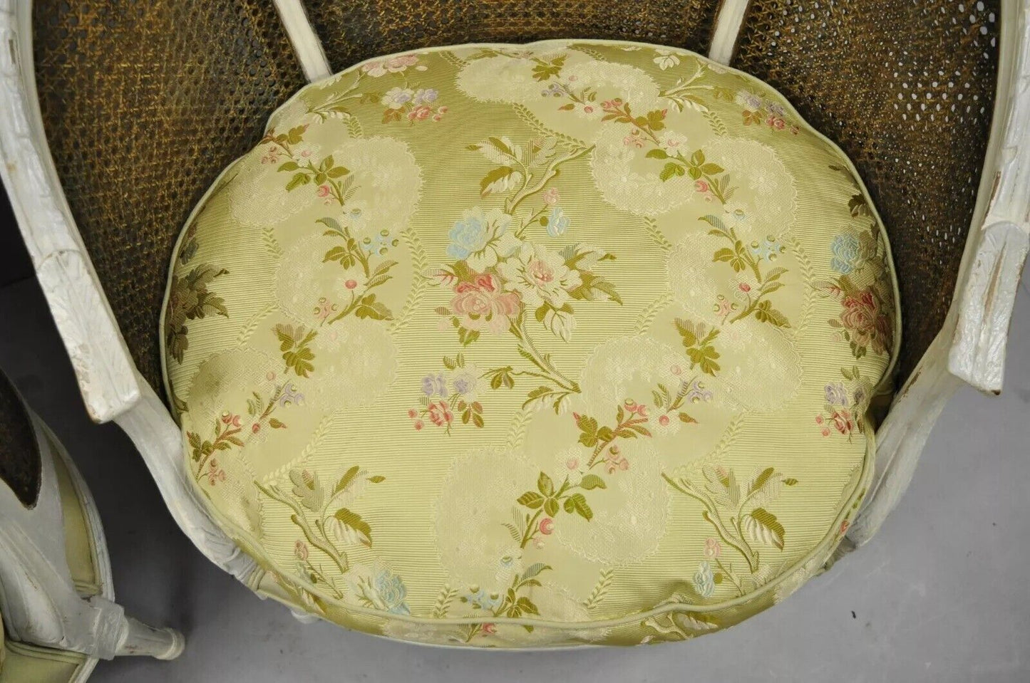 French Louis XVI Style White Distress Painted Cane Bergere Club Chairs - a Pair