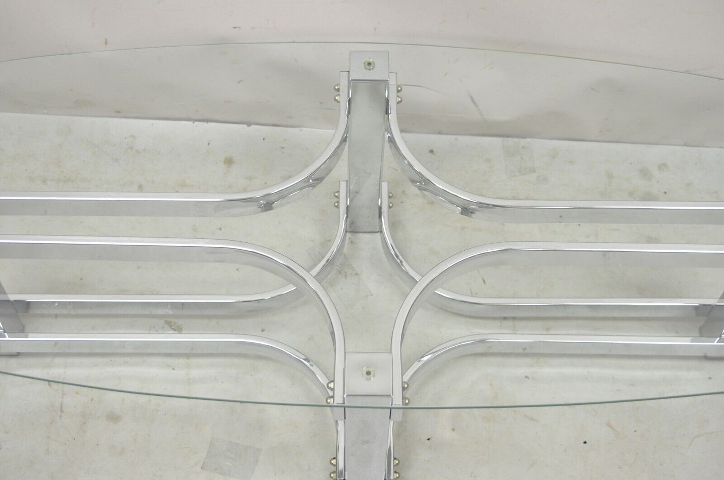 Vintage Mid Century Modern Oval Glass Top Sculptural Chrome Frame Coffee Table