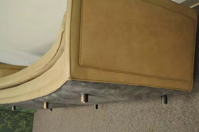 Harvey Probber Long Curved Button Tufted Beige Leather Mid Century Modern Sofa