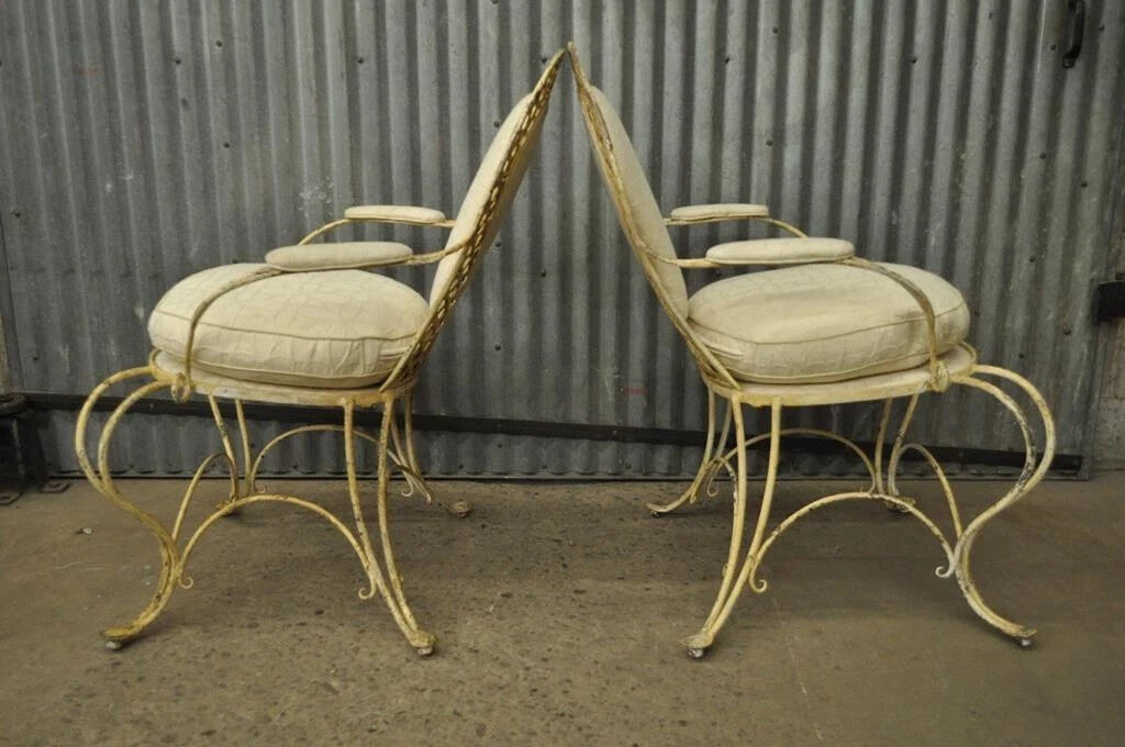 Vintage French Country Wrought Iron Lattice Scrolling Arm Chairs (B) - Pair
